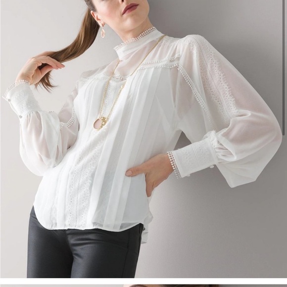 White House Black Market Mock Neck Lace Trim Sheer Blouse Size M - Picture 3 of 14